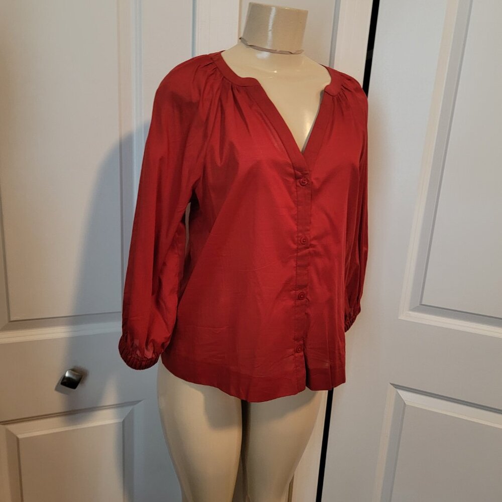 Alfani Terra Nova Cardinal Rouge Red V Neck Button Down Peasant Blouse - Picture 7 of 16